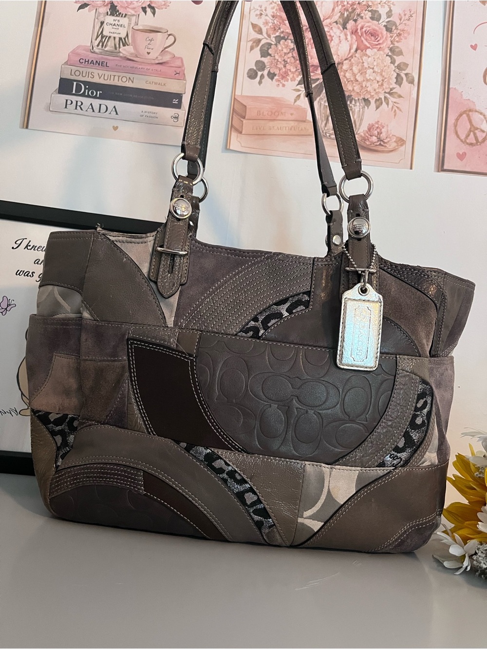 Coach F15439 Signature Patchwork Gallery Tote Shoulder Bag Gray Taupe